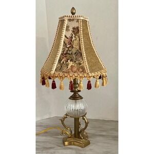 Vintage brass and cut glass electric table lamp Hollywood Regency style  tassels